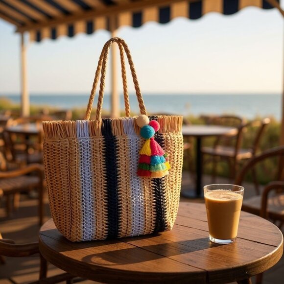 Boho Chic Beach Vibes Straw Woven Tote Bag with Vibrant Colorful Tassel Detail - Picture 1 of 10